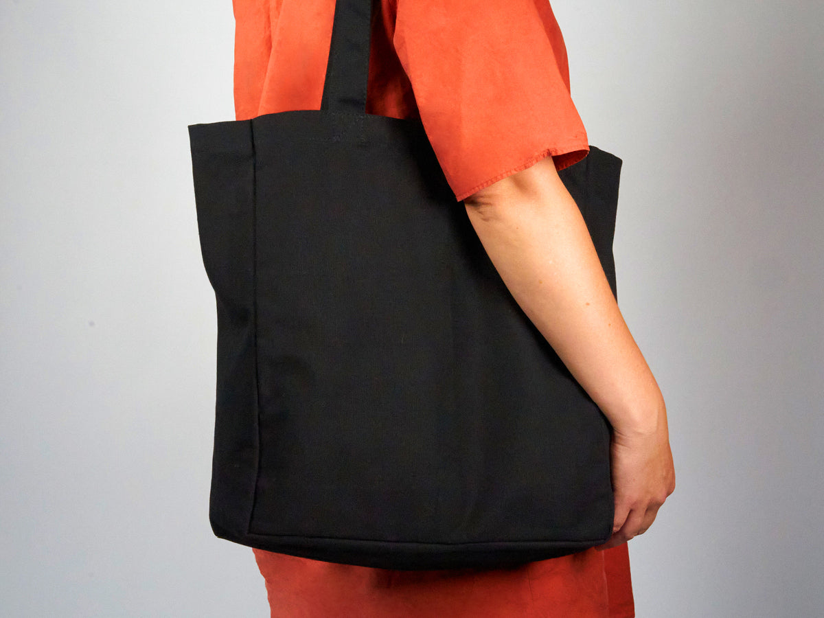 Blank black cotton canvas tote bag with gusset